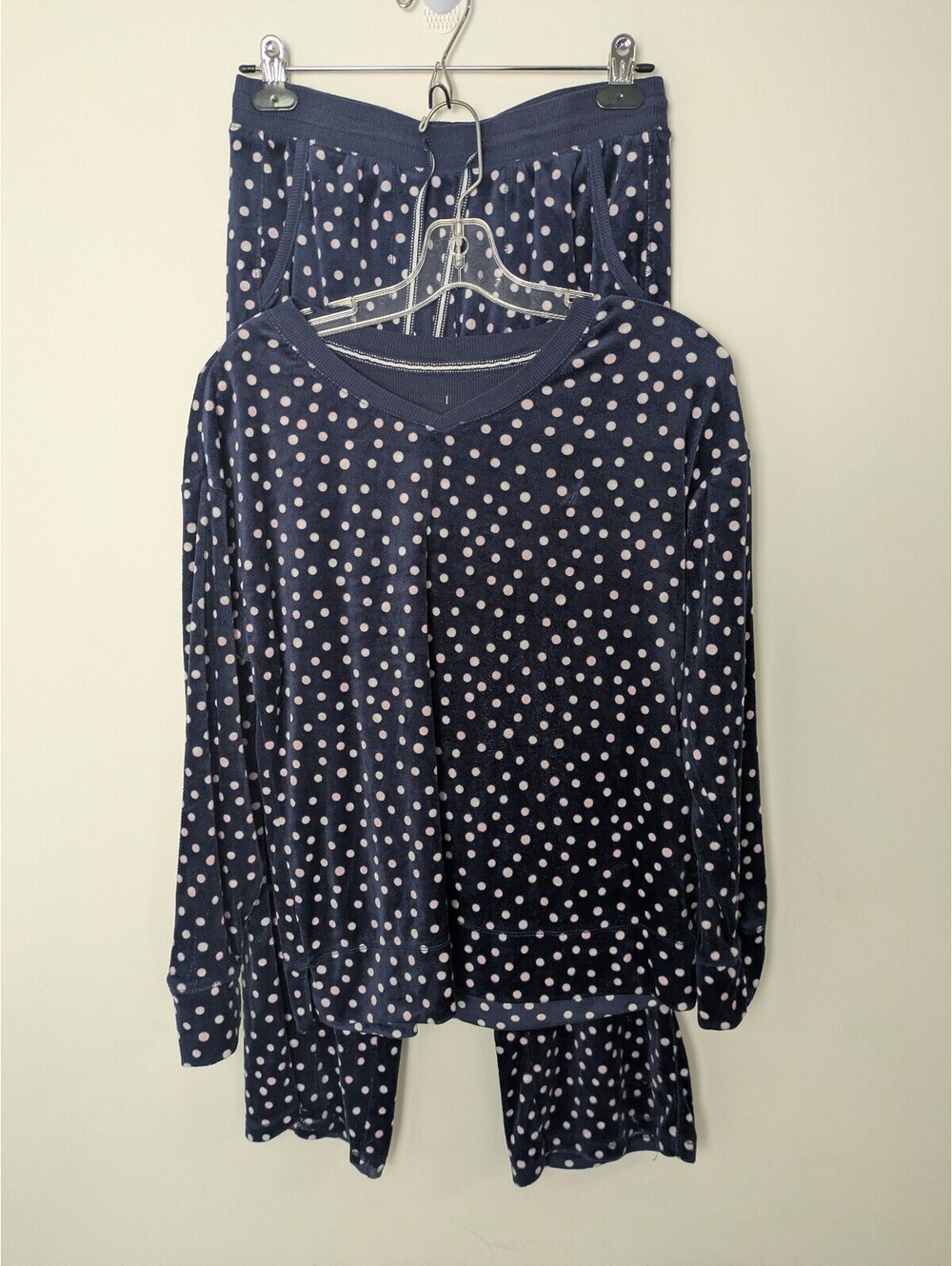 Nautica Navy Blue Pink Polka Dot Velour Plush Pajama Set Long Sleeve Pants Small